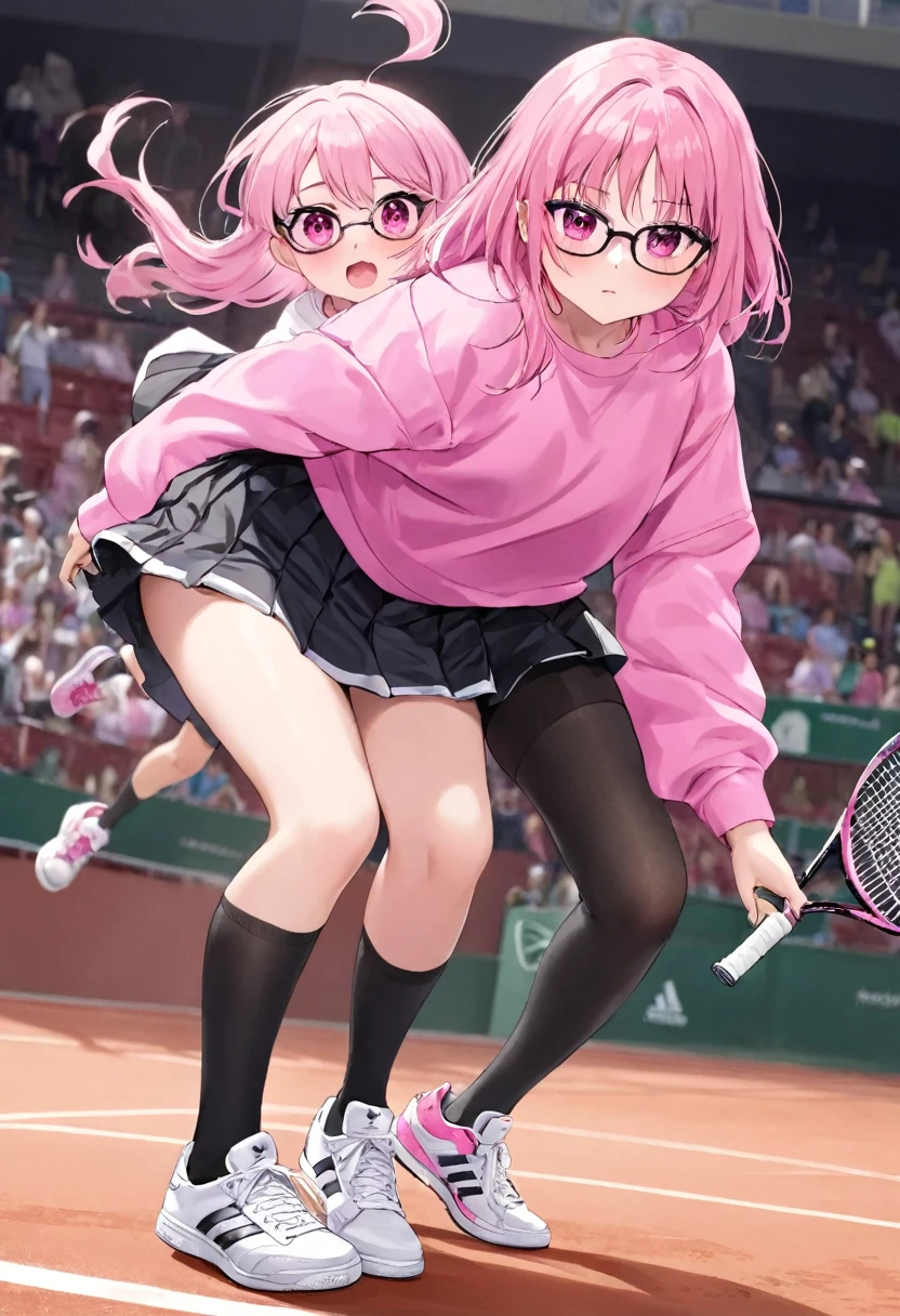 who is 13 years old height 1.49 that she brings money pink hair black glasses pink eyes an extremely blushing face a large pink sweatshirt a short black ripped skirt black stockings white Adidas tennis shoes and that she is an extremely shy girl who is throwing her skirt at a big man