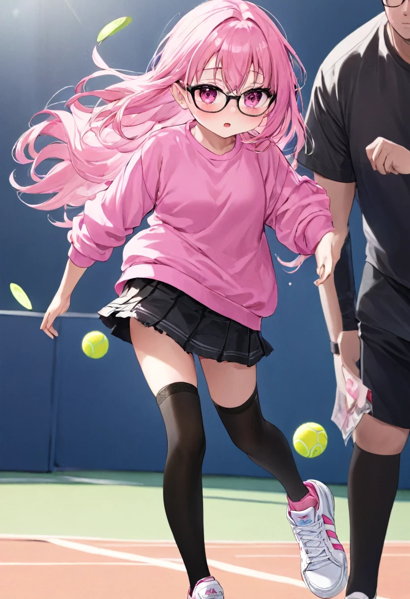 who is 13 years old height 1.49 that she brings money pink hair black glasses pink eyes an extremely blushing face a large pink sweatshirt a short black ripped skirt black stockings white Adidas tennis shoes and that she is an extremely shy girl who is throwing her skirt at a big man