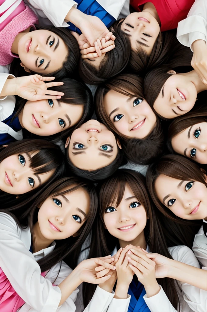 Five anime girls stacking hands together in a pile in anime style