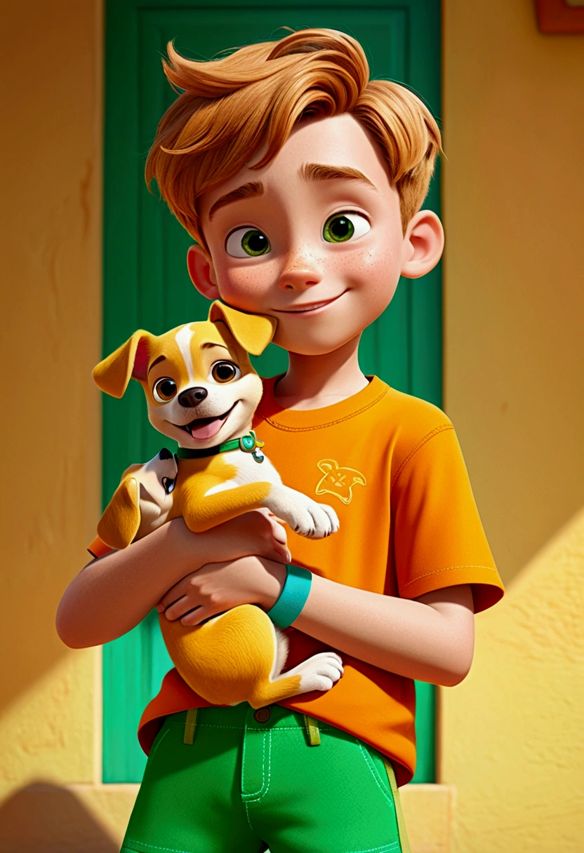 16k asymmetrical boy, Disney Pixar style, 3D, cartoon, cute, bright colors, short light brown hair, light skin, orange short-sleeved shirt, green shorts, intricate details, hugging his all-yellow puppy, all-yellow-haired puppy , happy