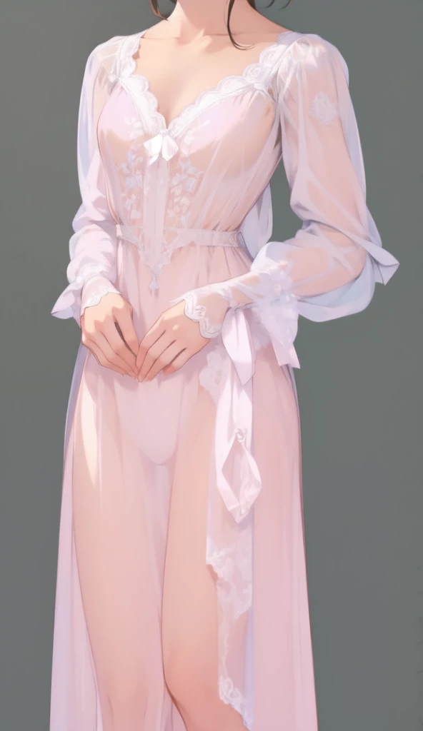 beautiful illustration, ultra-detailed, masterpiece, victorian nightwear, chiffon dress, satin ribbons on sleeves, a lot of fabric, a lot of chiffon