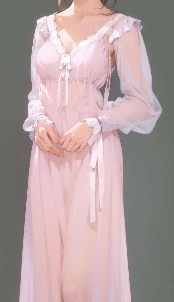 beautiful illustration, ultra-detailed, masterpiece, victorian nightwear, chiffon dress, satin ribbons on sleeves, a lot of fabric, a lot of chiffon