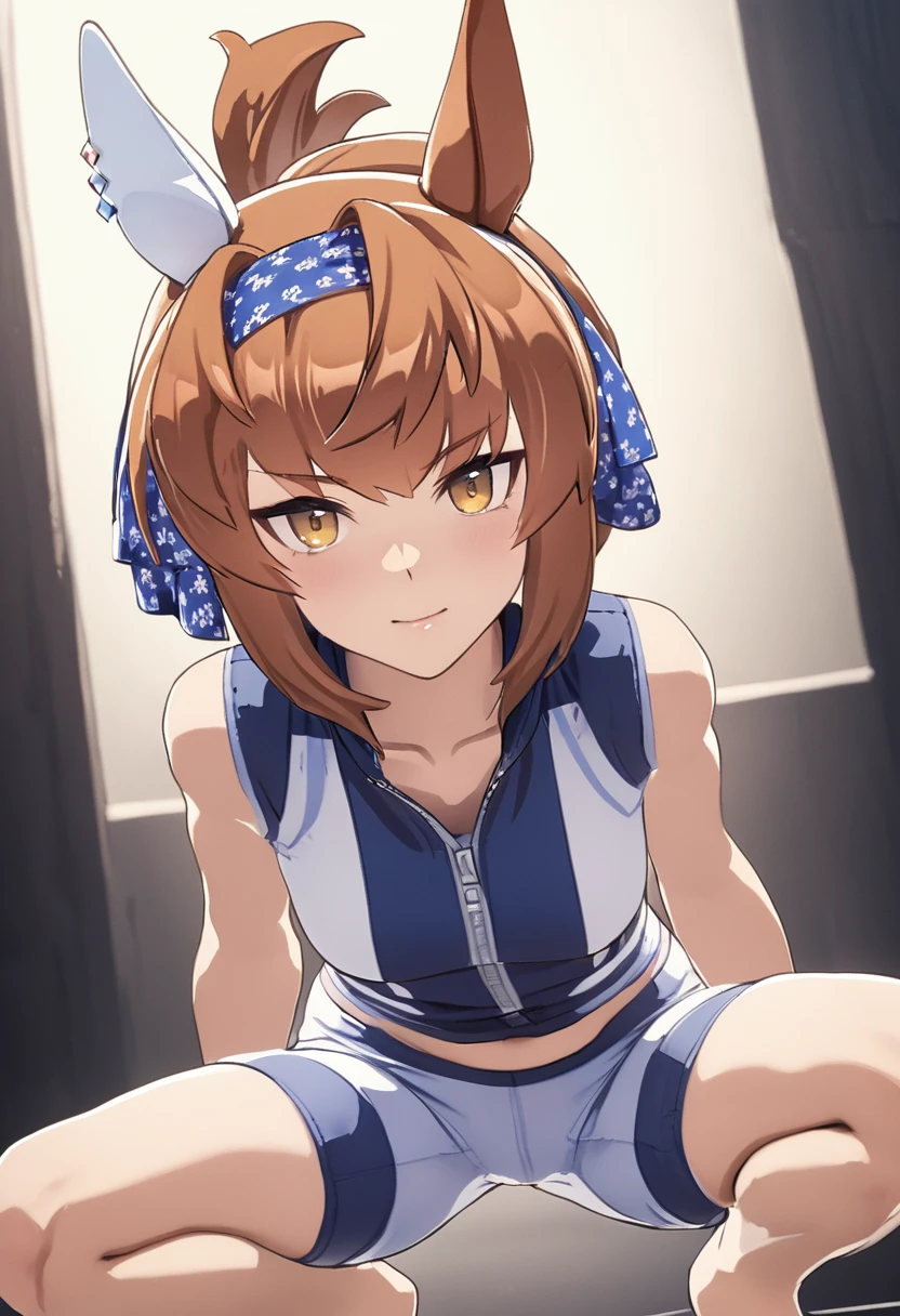 1girl,furioso\(umamusume\),racing clothes,horse tail,(((squatting))).spread legs,knees up,front view,straight-on,print underwear,(((cameltoe))),umamusume official art,anime coloring,cel shading,stylized,ai-generated,super fine illustration,intricate,beautiful eyes,masterpiece,best quality,highres,4k,8k,nsfw