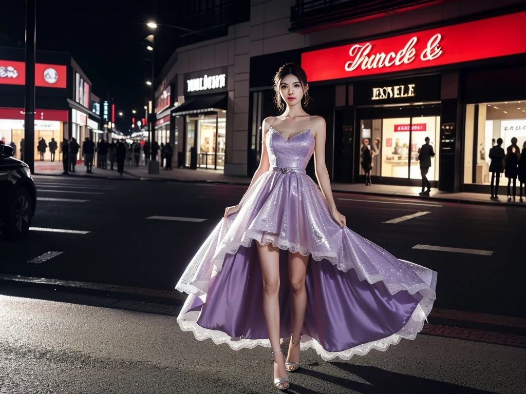 8K picture quality,Good quality,masterpiece,Ultra-clear picture quality,Super rich detail,Real details,A beautiful Asian woman,Stand in a large high-end shopping mall,Commercial shopping plaza,Behind you is a shop with lights,Brightly lit,Women are beautiful,Women have short hair,Plating fashionable,Woman in a fashionable dress,Purple dress,Princess dress,Fluffy Skirt,Adjustable waist,haute couture fashion,The skirt is beautiful,The fabric is tulle lace and silk,Many diamond jewelry,Woman while shopping,Standing vertically with bag in hand,from head to foot,Full body image,There is only one woman in the mall,No one else,Photos of female images occupy the main part of the picture,Occupies the main proportion of the picture,The proportion is relatively large,Women are big eyes,Smile Allure,Wearing high heels,The woman stands upright,Full body image,The picture is very realistic,There is only one heroine,Same as real photos,Strong three-dimensional sense,very true
