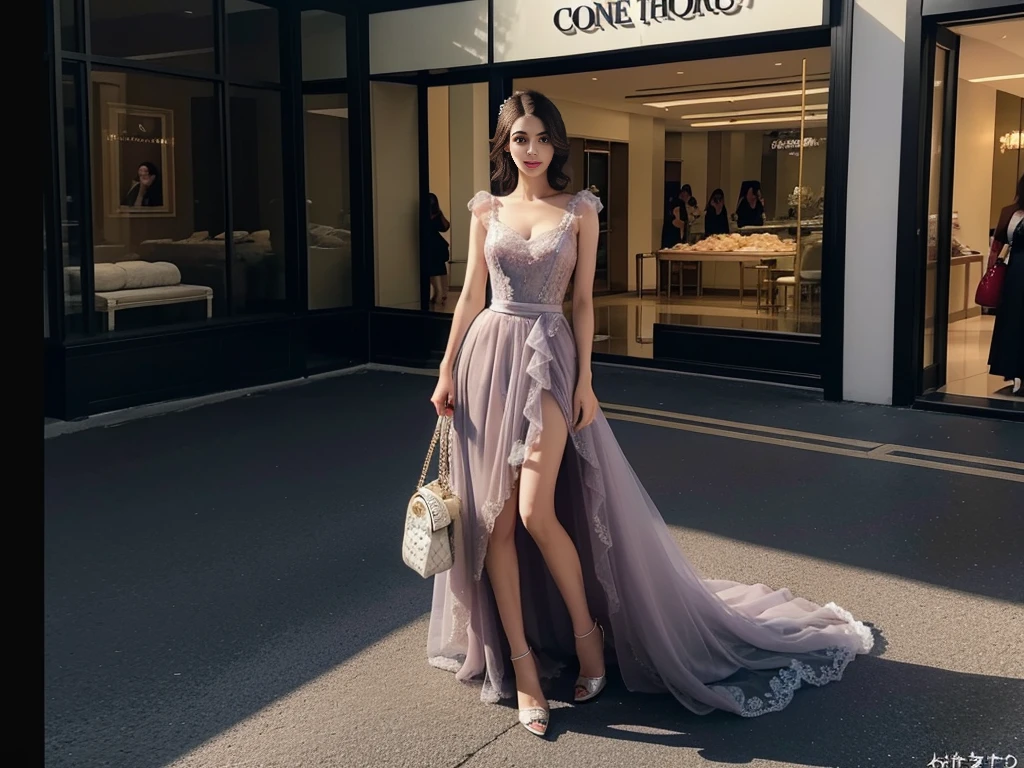 8K picture quality,Good quality,masterpiece,Ultra-clear picture quality,Super rich detail,Real details,A beautiful Asian woman,Stand in a large high-end shopping mall,Commercial shopping plaza,Behind you is a shop with lights,Brightly lit,Women are beautiful,Women have short hair,Plating fashionable,Woman in a fashionable dress,Purple dress,Princess dress,Fluffy Skirt,Adjustable waist,haute couture fashion,The skirt is beautiful,The fabric is tulle lace and silk,Many diamond jewelry,Woman while shopping,Standing vertically with bag in hand,from head to foot,Full body image,There is only one woman in the mall,No one else,Photos of female images occupy the main part of the picture,Occupies the main proportion of the picture,The proportion is relatively large,Women are big eyes,Smile Allure,Wearing high heels,The woman stands upright,Full body image,The picture is very realistic,There is only one heroine,Same as real photos,Strong three-dimensional sense,very true