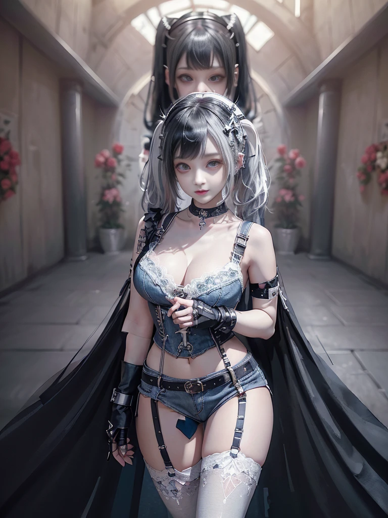 (Full Body View:1.2)、(Nurse Cosplay:1.3)、(Smiling with teeth showing:1.3),(Shibuya Gal:1.5)、(Neo-goth style fashion:1.5)、(Punk RockVisual Kei:1.4)、(Medieval noble gimp in denim and silver and white:1.5)、(Denim medieval white arm covers and garter shorts:1.5)、(White denim high heels:1.3)、(Wearing silver accessories:1.5)、(Denim collar:1.4)、(White leather garter belt:1.4)、(Brown Skin Belt:1.3)、(White lace underwear:1.5)、20-year-old、NSFW、((Highest quality、In 8K、masterpiece:1.3))、Sharp focus:1.2、(Layered Cut、Huge boobs:1.1),Beautiful woman with perfect figure:1.4、(Dancing vigorously:1.3)、Slender Abs:1.2、Highly detailed face and skin texture、Detailed eyes、double eyelid,(Twin tails:1.3)、(Black Hair:1.3)、Gravure idol、(The background is a VIP room of a high-class cabaret club surrounded by roses outdoors on a sunny day.:1.3)、(Slim Body:1.3),(Make your legs thinner:1.4),(clavicle:1.1)
