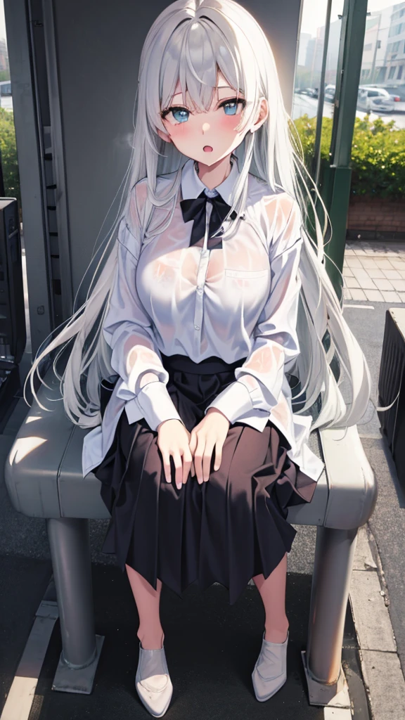 The clothes are wet, (Y-shirt is transparent: 1.4), skirt, (Unbroken body), (Perfect body structure), (arms two), (legs two), highest quality, 4K, (High resolution: 1.3) masterpiece , 1.2, Super detailed, HDR, Studio Lighting, Sharp Focus, Bright colors, Portrait, Warm tones, Soft Lighting,Silver Hair、Blue Eyes、long hair、Rainy bus stop、