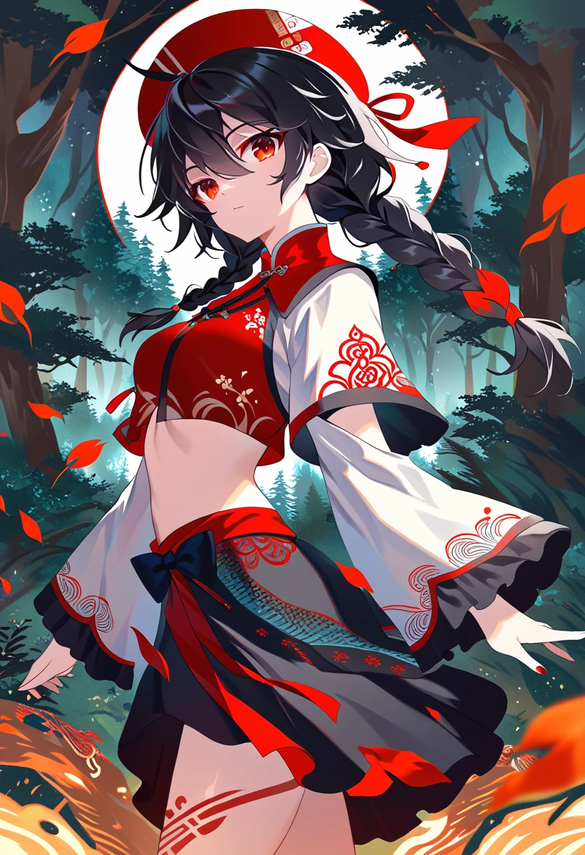 BREAK Perfect Anatomy、(High resolution:1.2)、Incredible illustrations、(Cute illustrations:1.2)、() （Beautiful background(forest)) 1 girl(Black hair, long hair, single braid, red eyes,tattoos, )(young adult woman:2.0)
Long ruffled sleeves, jiangshi cheongsam dress