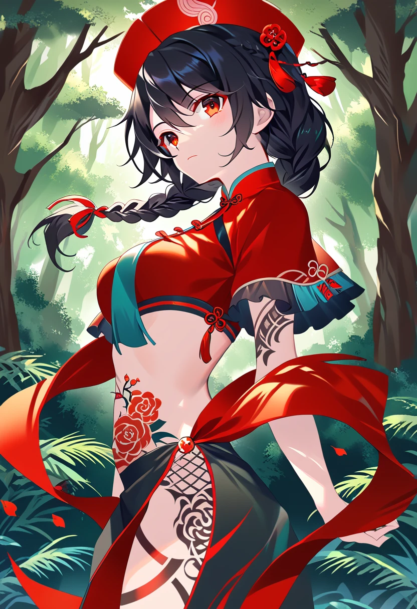 BREAK Perfect Anatomy、(High resolution:1.2)、Incredible illustrations、(Cute illustrations:1.2)、() （Beautiful background(forest)) 1 girl(Black hair, long hair, single braid, red eyes,tattoos, )(young adult woman:2.0)
Long ruffled sleeves, jiangshi cheongsam dress