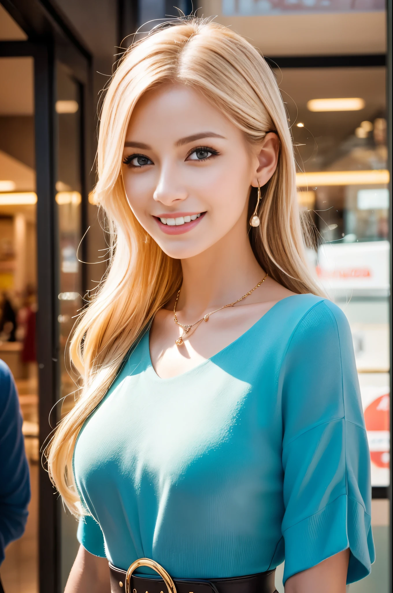 (best quality, 4k, 8k, highres, masterpiece:1.2), ultra-detailed, (realistic, photorealistic, photo-realistic:1.37), closeup, sexy seductive Swedish woman, (happy smile), (small breasts), (slim girl), long lashes, ultra detailed makeup, defined eyebrows, platinum blonde hair, fair skin, elegant posture, wearing large sparkling colorful jewelry, wearing a business style leather dress, standing in a large shopping mall, gentle sunlight shining through the shopping mall windows, casting a soft glow on her face, adding warmth to the scene, vibrant colors, capturing the essence of vibrant city life, portrait style, showcasing her natural beauty and grace in a feminine way