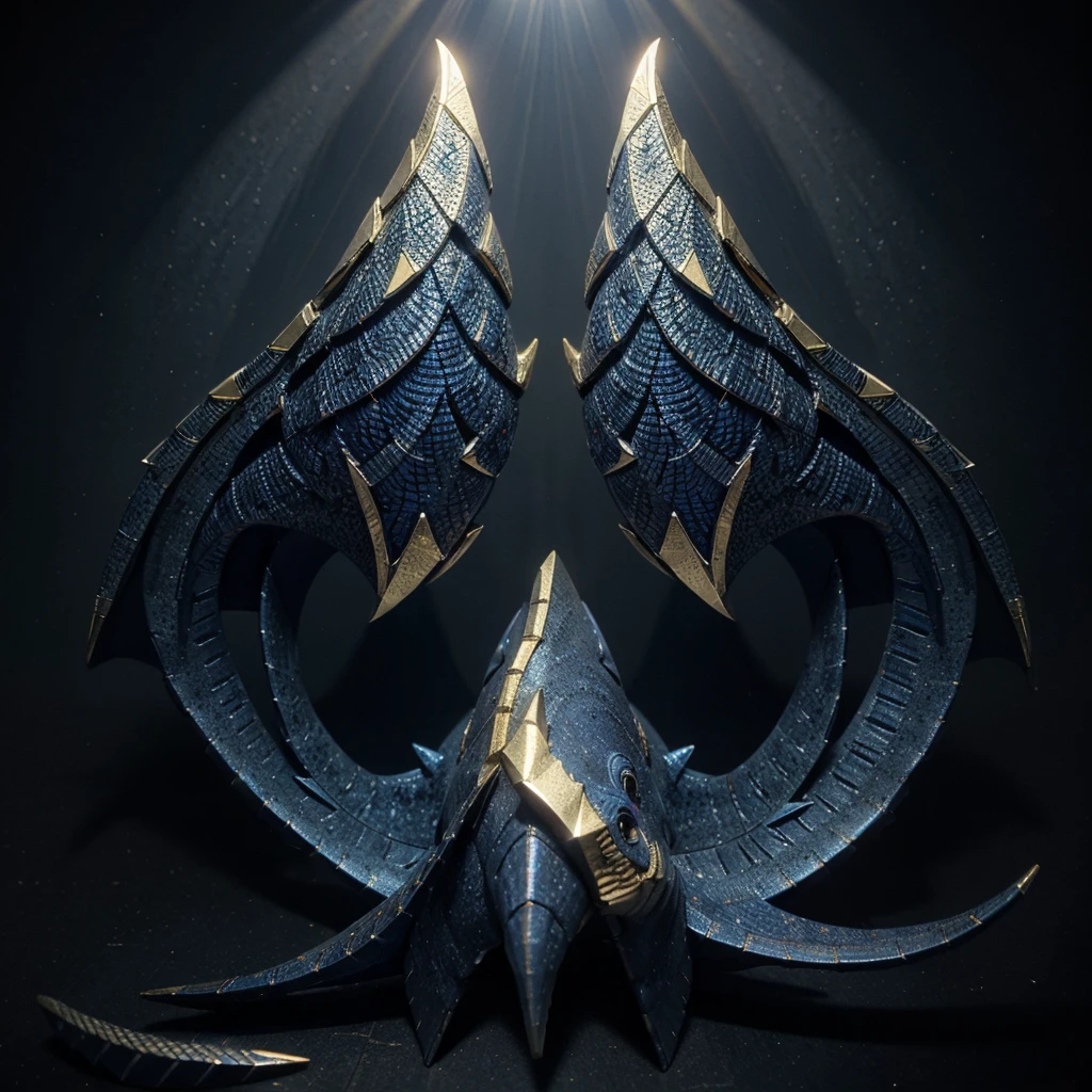 3D fighting fish with navy blue-red reflective gold energy, majestic soul demon-fin on its back. It is an ornate fantasy fin with intricate designs, sharp jagged edges, metallic texture, glow magma accents, reflective golden highlights, scales with navy blue-red gold, intricate patterns and symbols, dynamic pose on black background