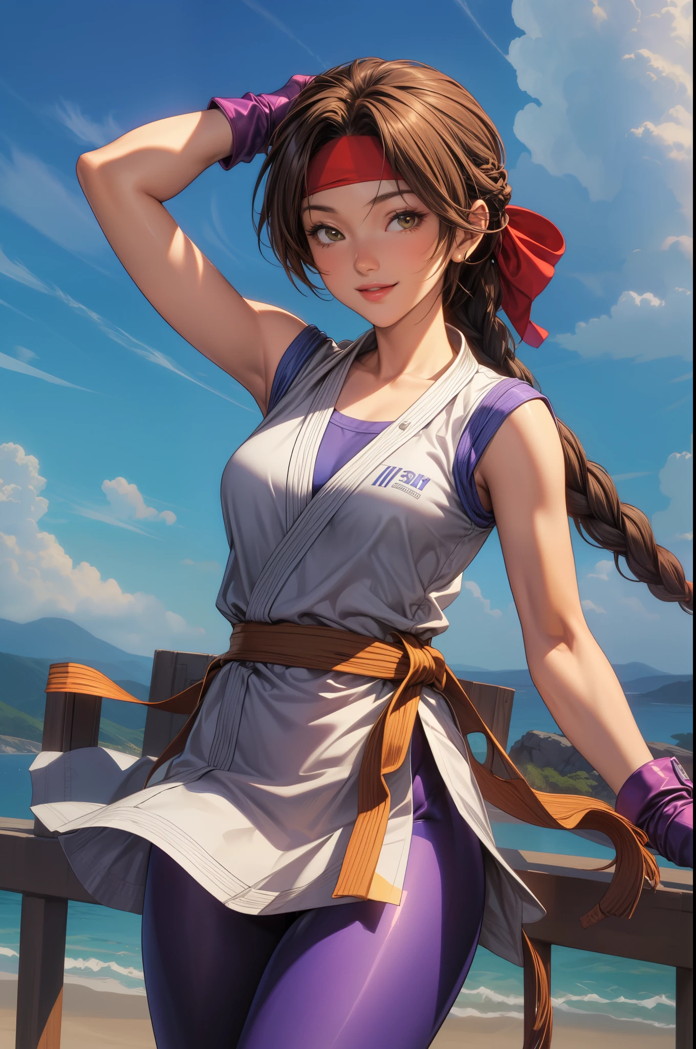 perfect eyes:1.2, detailed eyes:1.4, yurims, headband, ass, blue pantyhose, braided ponytail, brown hair, brown eyes, smile, dougi, spandex, gloves, fingerless gloves, leggings, cowboy shot, 1girl, solo, (masterpiece:1.6, best quality), 8k, insane details, intricate details, hyperdetailed, hyper quality, high detail, ultra detailed, professional, HDR, ray tracing reflection, cinematic lighting,