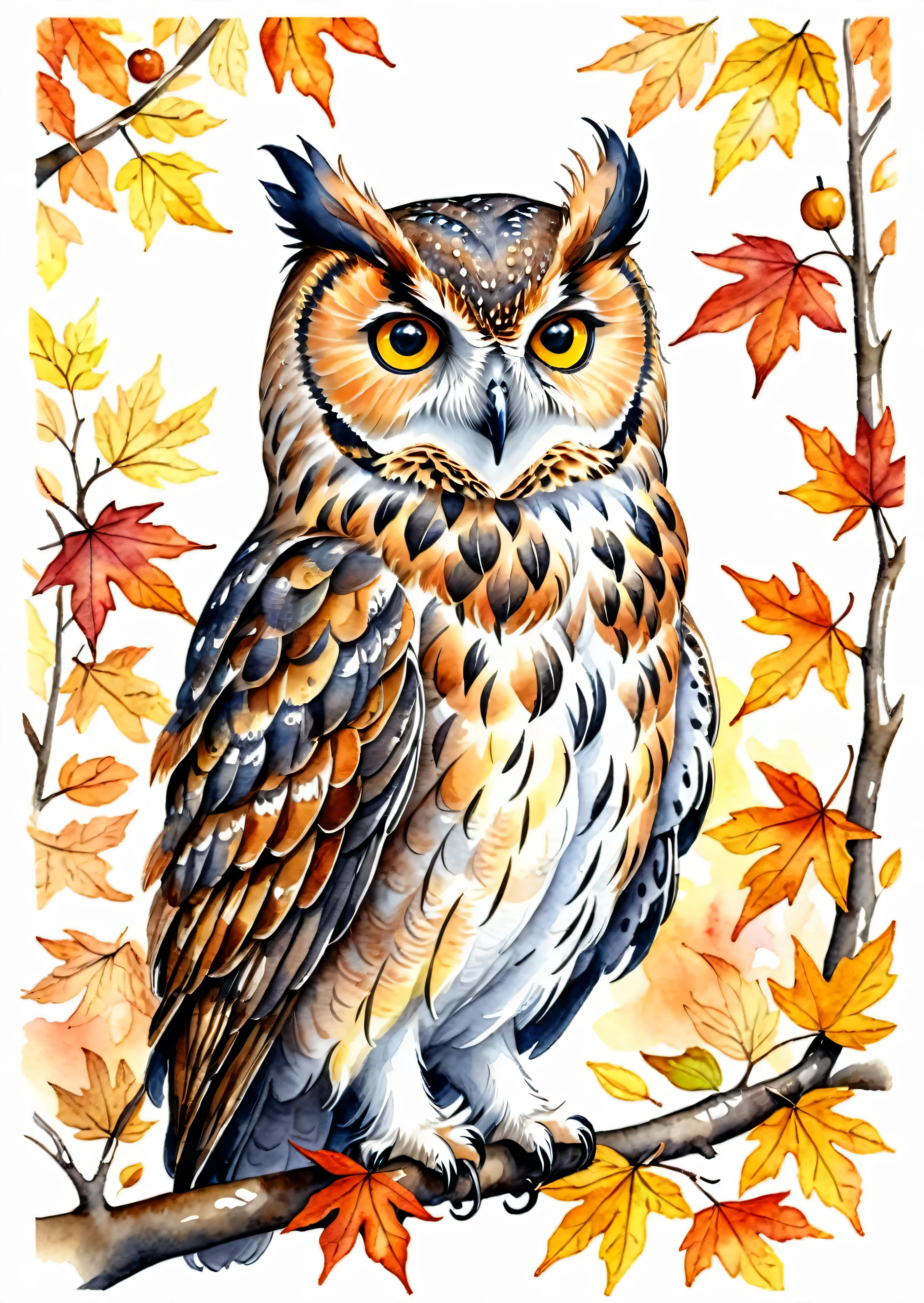 whimsical image of an owl in fall, watercolor, handdrawn, detailed, realistic, white background