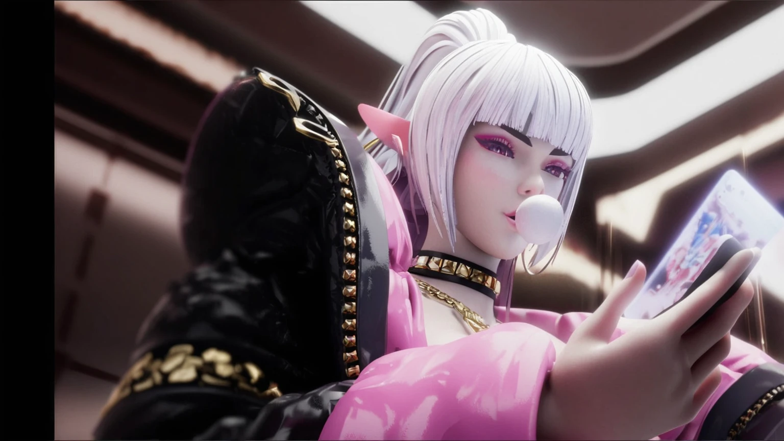 anime girl with pink hair and pink makeup holding a cell phone, dead or alive 6, as a character in tekken, from the azur lane videogame, pop japonisme 3 d ultra detailed, japonisme 3 d 8 k ultra detailed, characters from azur lane, azur lane style, waifu, captured on canon eos r 6
