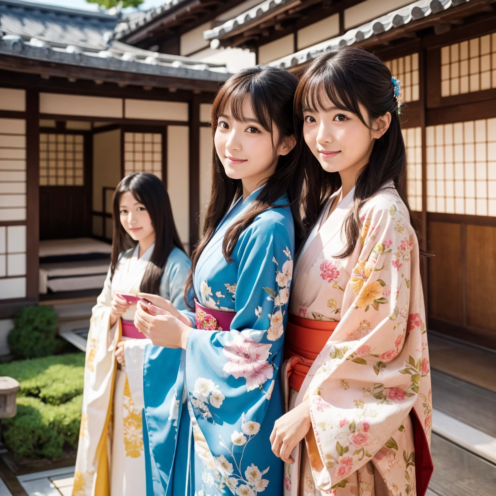 detailed portrait of two beautiful japanese women enjoying a famous japanese tourist destination, long flowing hair, elegant traditional japanese clothing, vibrant colors, detailed facial features, warm lighting, ultra detailed, 8k, photorealistic, masterpiece, intricate background, lush natural scenery, traditional japanese architecture