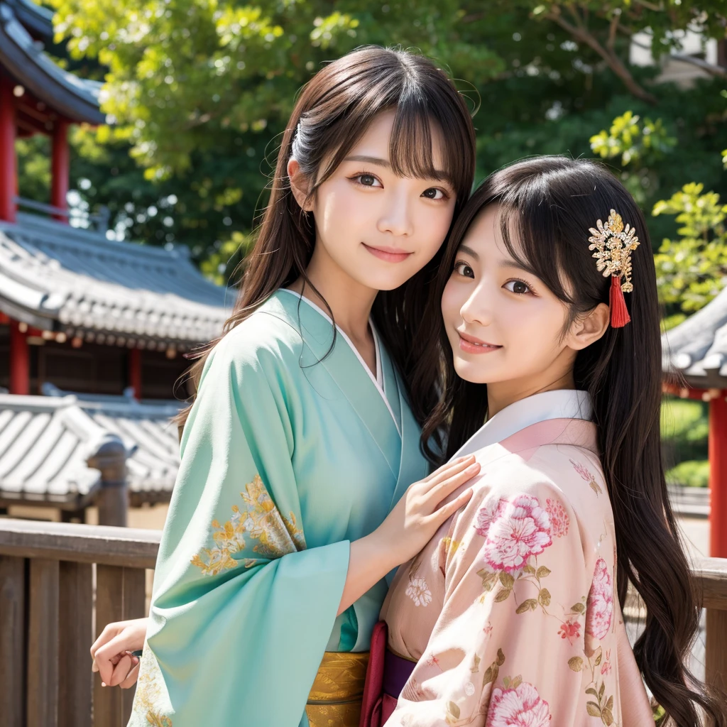 detailed portrait of two beautiful japanese women enjoying a famous japanese tourist destination, long flowing hair, elegant traditional japanese clothing, vibrant colors, detailed facial features, warm lighting, ultra detailed, 8k, photorealistic, masterpiece, intricate background, lush natural scenery, traditional japanese architecture
