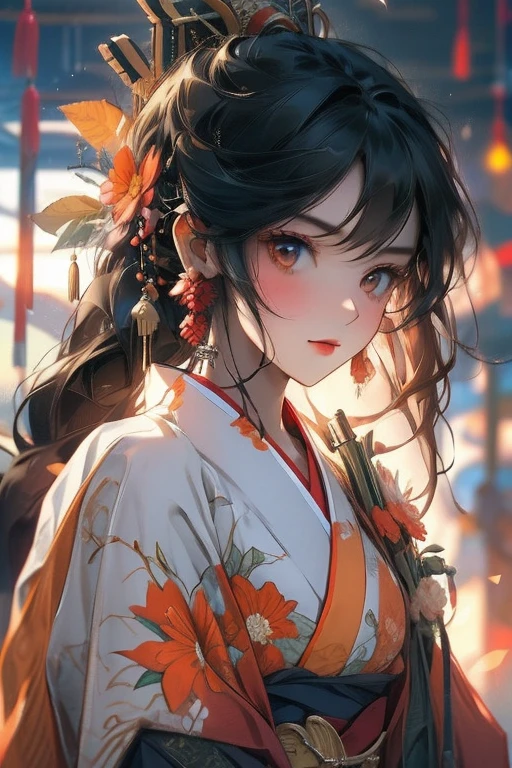 Perfect face. Perfect hands. A black haired woman with orange eyes in a pretty kimono is holding a bouquet of orange flowers in the shrine with a blush