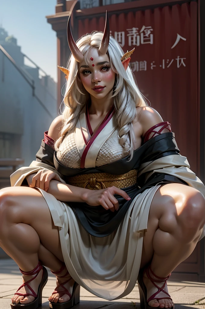 facing shot) of a (((beautiful))) Asian (((Oni female))) warrior, ((squatting down with legs spread)) and holding on shoulder a ((massive iron mace)), (wepon), wearing (Tiger print short kimono), with ((thick curvy mature body)) yet ((muscular)), long and voluminous (white hair) blown by the wind, (2 long anime_Oni_horns ), reddish fair skin , (perfect detailed face features) expressive eyes with proud look , thick lips letting a provocative grin,