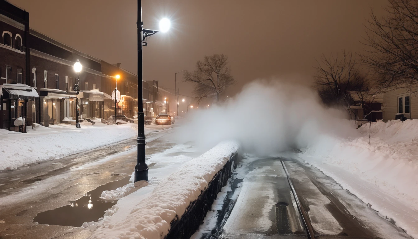 Broken underground pipe beside a city street,Water vapor ejection,Blizzard weather,Lots of snow,Night,Late Night,Night view