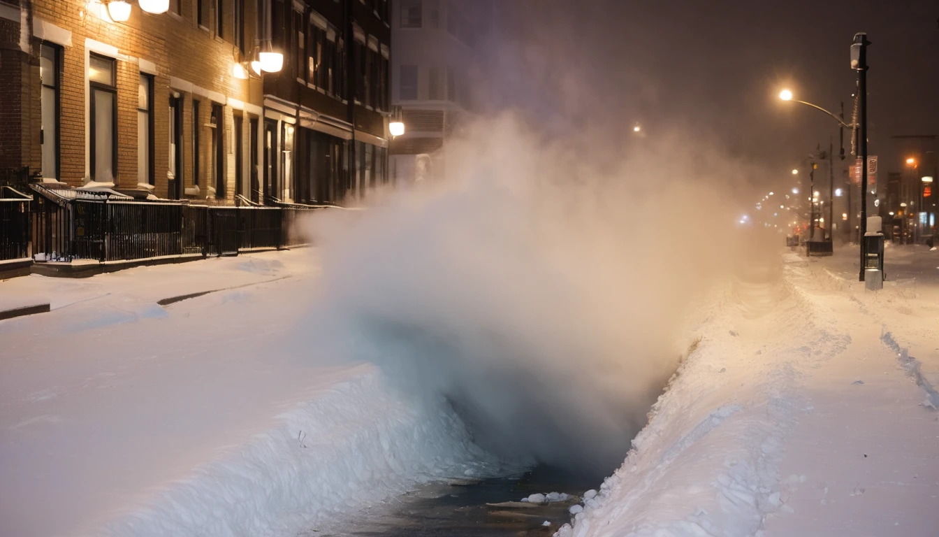 Broken underground pipe beside a city street，Water vapor ejection，Blizzard weather，Lots of snow，Night，Late Night，Night view