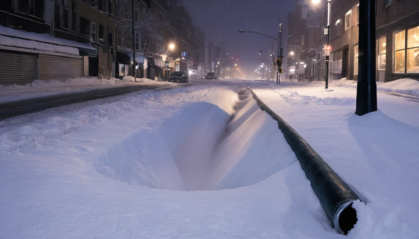 Broken underground pipe beside a city street,Water vapor ejection,Blizzard weather,Lots of snow,Night,Late Night,Night view