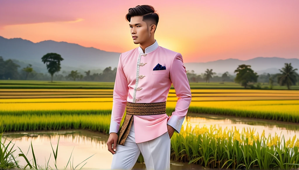 candid fashion illustration of young man 27 year old, adorned in a meticulously crafted North Thai traditional outfits, Lampang, ((showcase fashion Lanna style in cotton handwoven in pink)), simple elegant style, The man wears a simple long-sleeved white mandarin collar suit, paired with Tailor pants, and oxford shoes, The woman complements him with ankle-length wrap skirt, simple minimal patterns details, fitted intricately decorated waist-length blouse that complements the skirt, standing, Set against the backdrop of a breathtaking sunset at countryside, Chiangmai, rice farm, wild flower, Captured in full-body image, ((imperfect water color background)), sketching, realistic drawing, imperfect water color painting, fashion look book, fashion illustrator, sketch design,  the image boasts high-quality, Lanna, North Thai traditional costume.