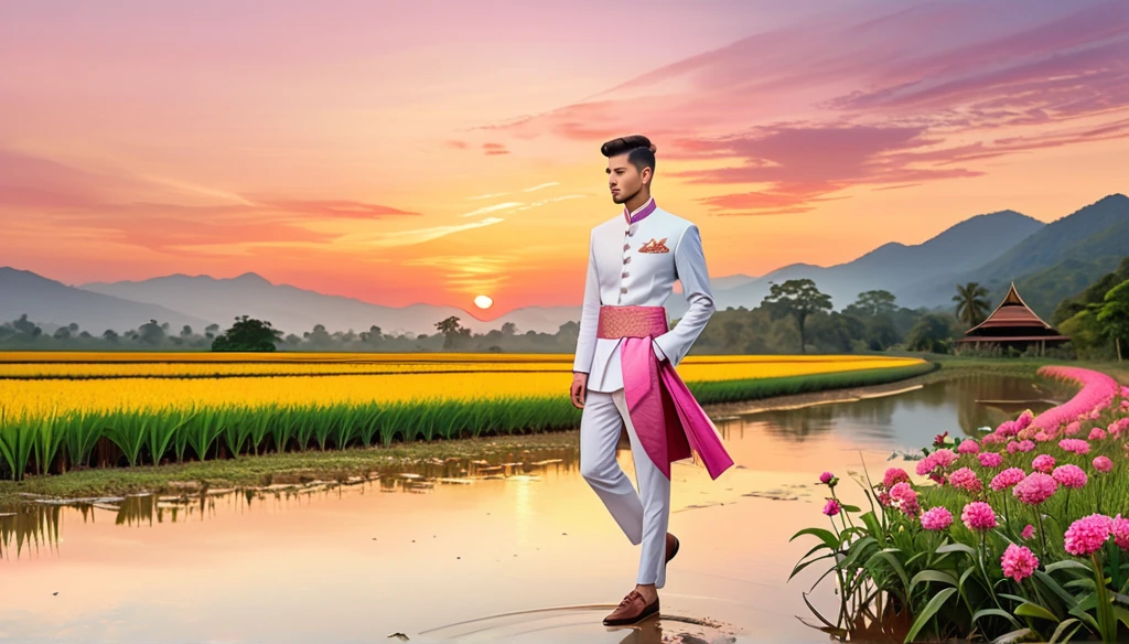 candid fashion illustration of young man 27 year old, adorned in a meticulously crafted North Thai traditional outfits, Lampang, ((showcase fashion Lanna style in cotton handwoven in pink)), simple elegant style, The man wears a simple long-sleeved white mandarin collar suit, paired with Tailor pants, and oxford shoes, The woman complements him with ankle-length wrap skirt, simple minimal patterns details, fitted intricately decorated waist-length blouse that complements the skirt, standing, Set against the backdrop of a breathtaking sunset at countryside, Chiangmai, rice farm, wild flower, Captured in full-body image, ((imperfect water color background)), sketching, realistic drawing, imperfect water color painting, fashion look book, fashion illustrator, sketch design,  the image boasts high-quality, Lanna, North Thai traditional costume.