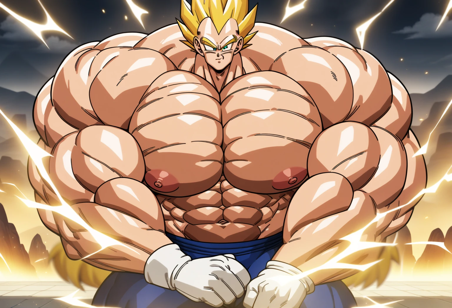 1boy, Vegeta, from Dragon Ball Z, masterpiece, best quality, very aesthetic, absurdres, saiyan, green eyes, spiked hair, (yellow hair:1.5), shirtless, blue skintight pants, white gloves, (huge muscles:2.5), dragonballartstyle, in the style of Akira Toriyama, white tiled floor, outdoors, flat-top mountains, nipples, yellow aura, electricity