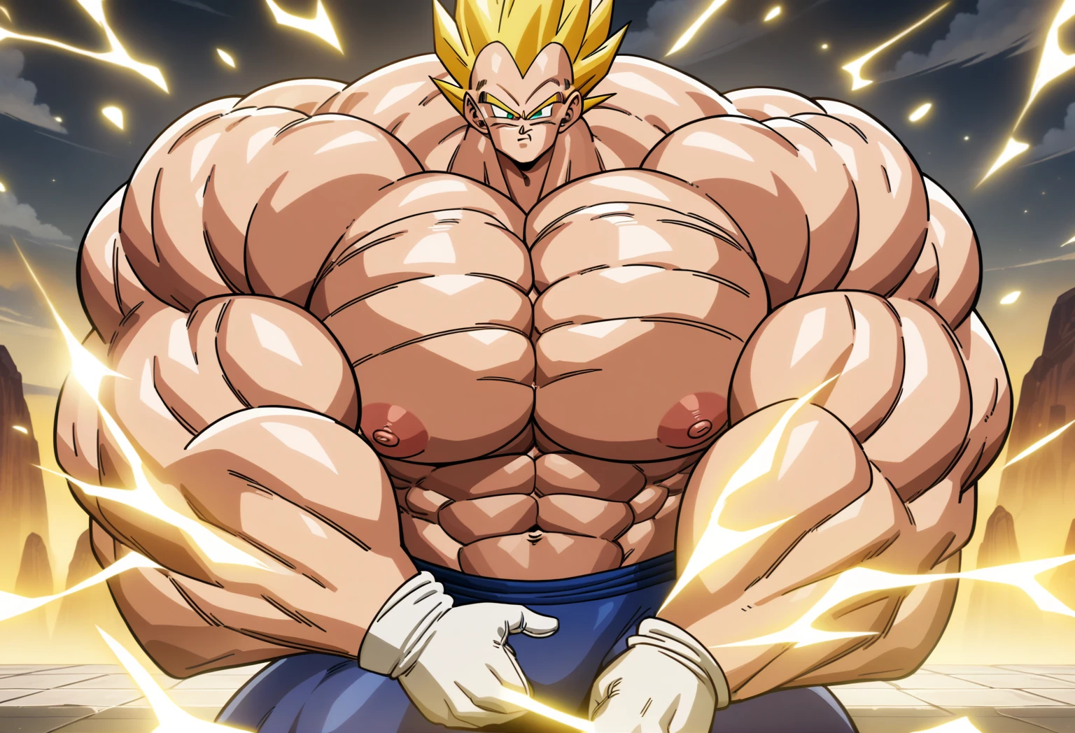 1boy, Vegeta, from Dragon Ball Z, masterpiece, best quality, very aesthetic, absurdres, saiyan, green eyes, spiked hair, (yellow hair:1.5), shirtless, blue skintight pants, white gloves, (huge muscles:2.5), dragonballartstyle, in the style of Akira Toriyama, white tiled floor, outdoors, flat-top mountains, nipples, yellow aura, electricity