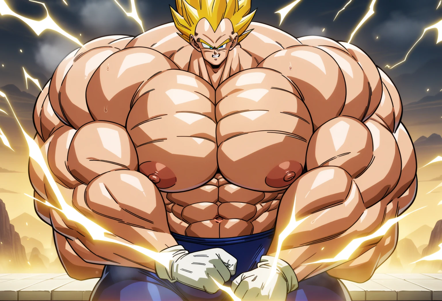 1boy, Vegeta, from Dragon Ball Z, masterpiece, best quality, very aesthetic, absurdres, saiyan, green eyes, spiked hair, (yellow hair:1.5), shirtless, blue skintight pants, white gloves, (huge muscles:2.5), dragonballartstyle, in the style of Akira Toriyama, white tiled floor, outdoors, flat-top mountains, nipples, yellow aura, electricity