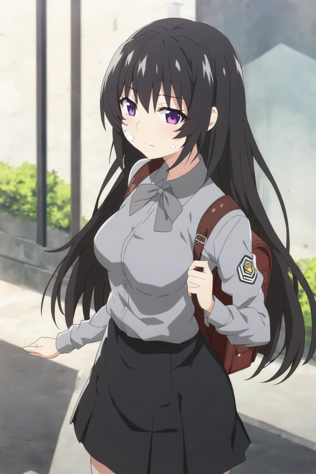 anime girl with a backpack and a mask on her face, purple eyes, anime moe artstyle, cute anime waifu in a nice dress, anime visual of a cute girl, beautiful anime high school girl, gray shirt, short skirt, anime girl with long hair, long straight hair, high quality anime artstyle, from girls frontline, anime style 4k, mature anime girl, anime girl wearing a black dress, kantai collection style,black shiny hair, normal breast