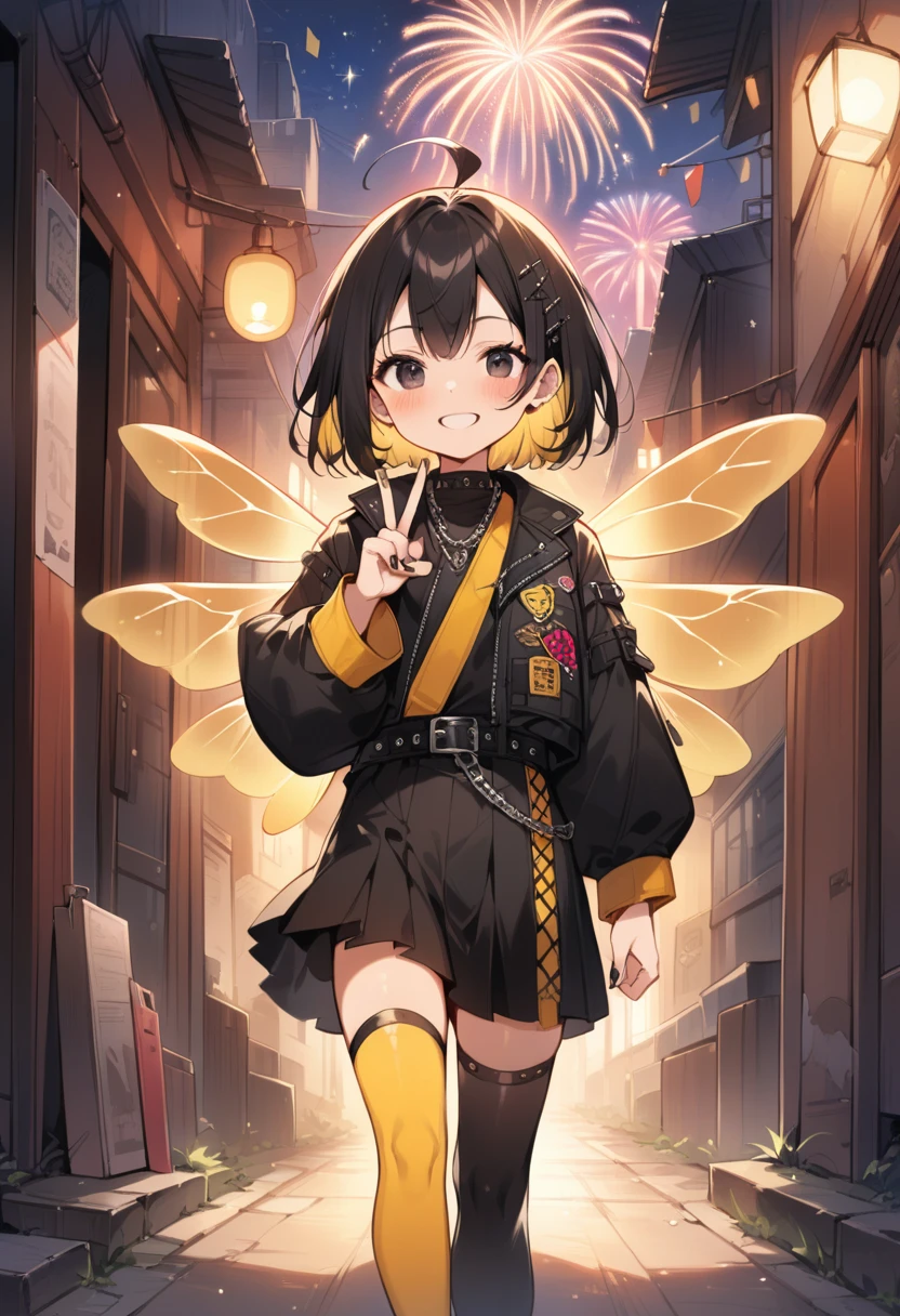 breathtalking Scenery, breathtalking Beauty, breathtalking Cute,scenery, (best quality, masterpiece:1.2), (ultra high quality:1.2),smooth soft skin, natural skin,watercolor,
BREAK
(hornet girl:1.4), bee girl,(little female child:1.3), (loli:1.3),6 years old, kawaii,baby face,tsurime, small breast, Phat ass,ultra cute face,oily skin, (bee antennae:1.3), (PVC material Extremely small bee wings:1.1), (bee wings:1.1),symmetry bee wings, puffy eyes,smile,
BREAK
(black hair:1.3),(black eyes:1.2),(yellow dip-dye hair:1.3),(yellow inner hair:1.1),short hair,ahoge, slanted eyes, (highlight on eyes:1.1),(nail_polish:1.1), peacesign,double peace,hand gesture
BREAK
(Japanese Style Coordination:1.1),belt buckle,(punk fashion:1.1), (punk hair:1.1), (lots of accessories:1.2), kimono inspired punk rock,hakama inspired punk rock,layer of clothes,(yellow striped black stockings:1.1),pierce,chain accessory,punk rock,
BREAK
fropm behind,behind shot,walking,facing viewer,Alley,fireworks,fireworks background,night,steam light effect,cinematic shadows,light sparkles,(blush:1.2),Confetti,Twinkle Star,smile,dust particles,dynamicangle,kawaii,outdoors,