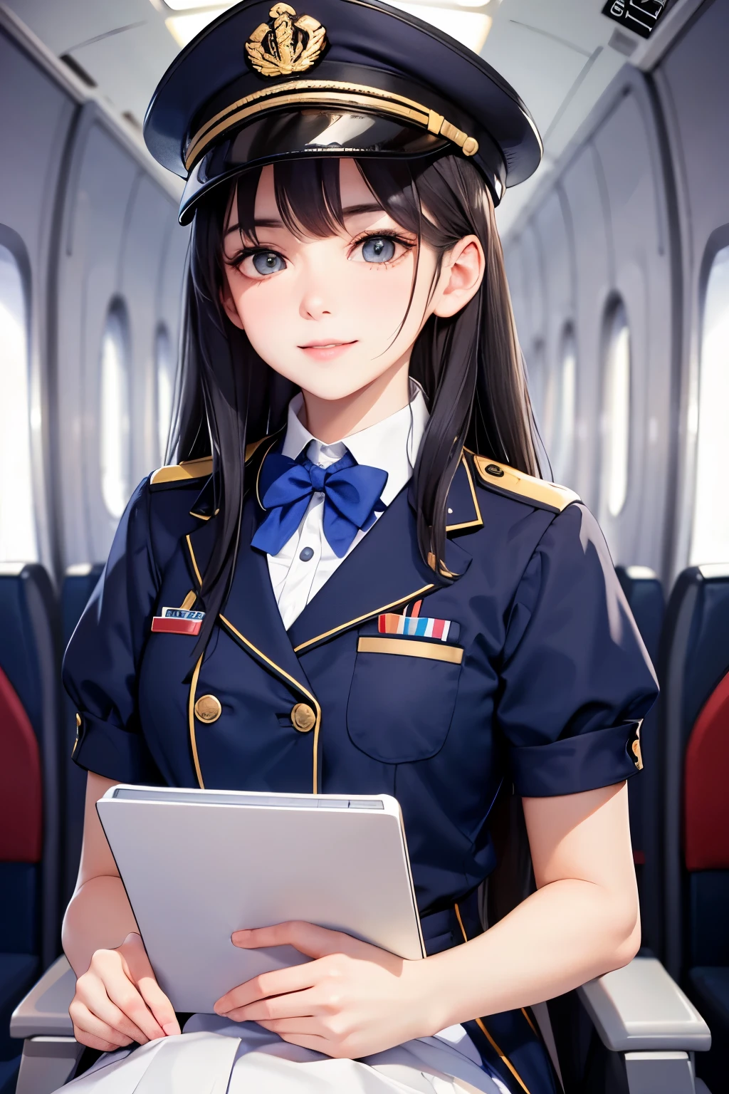 Create an illustration of a cabin attendant with long hair, big eyes, and a friendly smile. The attendant is wearing a navy blue uniform with white accents, including a white blouse and a bow tie. The uniform has gold buttons and the attendant is wearing a matching navy blue cap with gold detailing. The background should be the interior of an airplane cabin, with visible seats, windows, and overhead compartments, suggesting the attendant is in their work environment.
