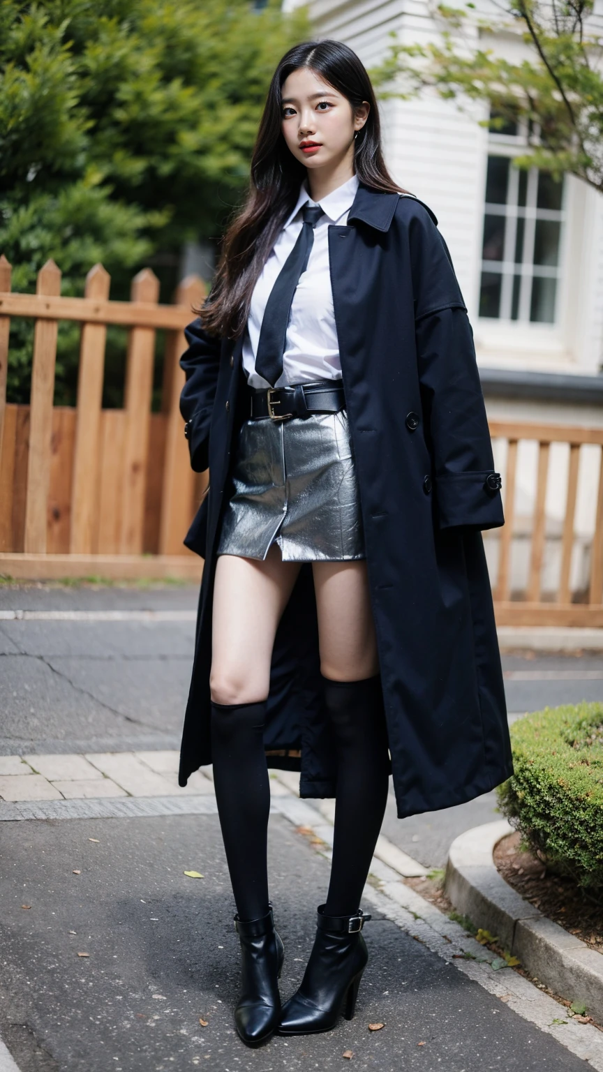 (8k、RAW Photos、Highest quality、masterpiece:1.2)、(Realistic、Realistic)、1 Girl、((Check mini skirt、long coat black、Slender legs、boots、one piece、tights、garden、View from the front、Looking at the camera、belt、Hands on your hips))、cute