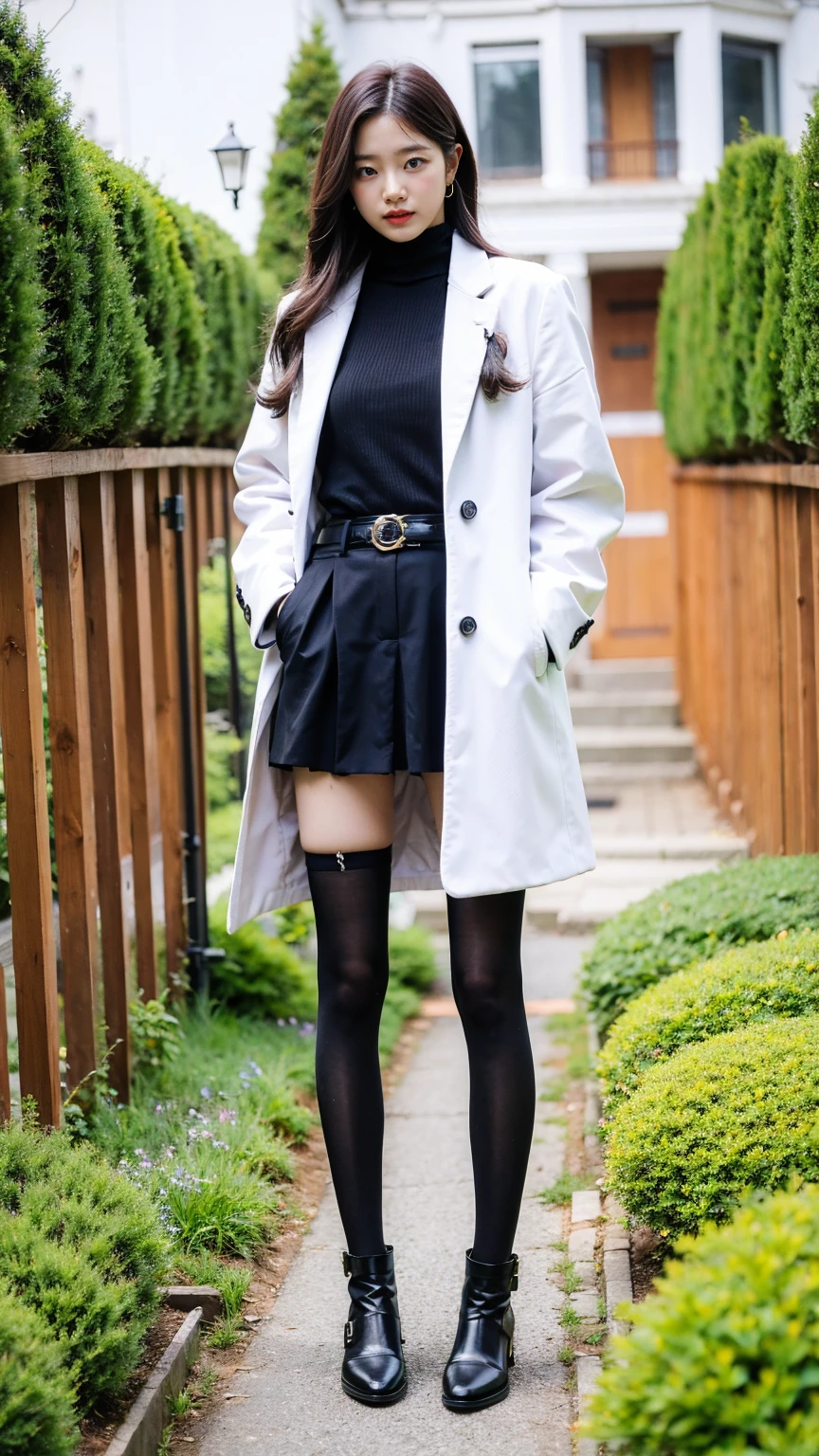 (8k、RAW Photos、Highest quality、masterpiece:1.2)、(Realistic、Realistic)、1 Girl、((Check mini skirt、long coat black、Slender legs、boots、one piece、tights、garden、View from the front、Looking at the camera、belt、Hands on your hips))、cute