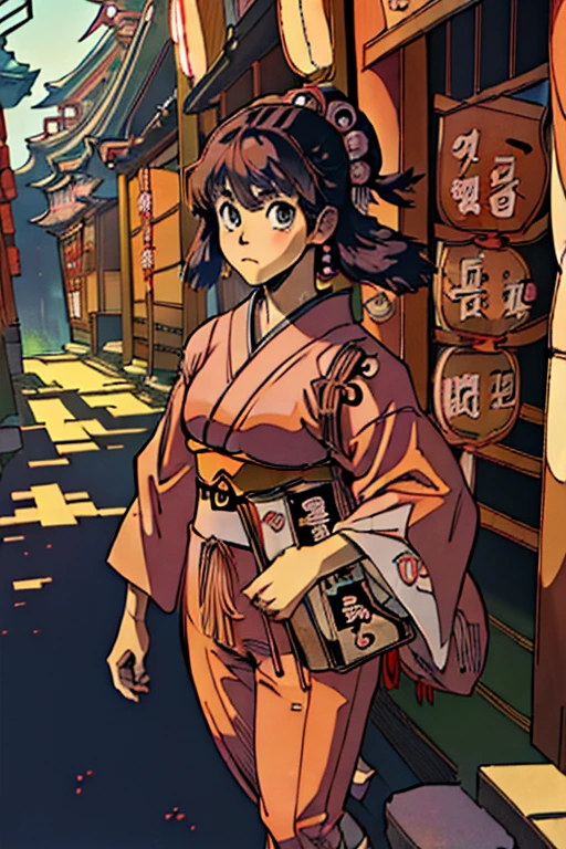 best quality,(masterpiece:1,2),highres,original,perfect lighting,extremely detailed wallpaper,(extremely detailed CG:1.2),Japanese manga style,Studio Ghibli,Hayao Miyazaki style,high saturation,rich details,A girl carrying a bag walking down the street,