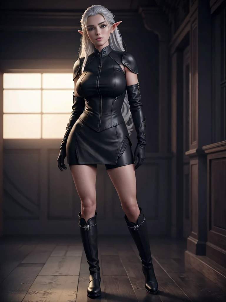 full body portrait of beautiful 1girl, (pretty face:1.5),(supermodel),(queen:0.3),solo, elf ((milf)), (very long) silver hair, tied in a knot, uniform, (black knee-high simple riding leather boots), (leggings), Anime style photo, Manga style, Digital art, glow effects, Hand drawn, render, 8k, octane render, cinema 4d, blender, dark, atmospheric 4k ultra detailed, cinematic sensual, Sharp focus, hyperrealistic, big depth of field, Masterpiece, colors, 3d octane render, 4k, concept art, trending on artstation, hyperrealistic, Vivid colors, huge breasts, palace corridor,( black gloves:1.1), double-breasted, (looking at viewer), (seductive:0.6),(smile:0.3)(evil:0.3),