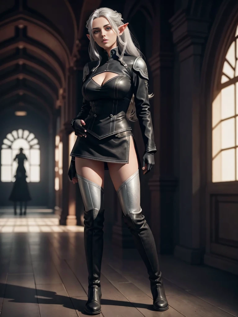 full body portrait of beautiful 1girl, (pretty face:1.5),(supermodel),(queen:0.3),solo, elf ((milf)), (very long) silver hair, tied in a knot, uniform, (black knee-high simple riding leather boots), (leggings), Anime style photo, Manga style, Digital art, glow effects, Hand drawn, render, 8k, octane render, cinema 4d, blender, dark, atmospheric 4k ultra detailed, cinematic sensual, Sharp focus, hyperrealistic, big depth of field, Masterpiece, colors, 3d octane render, 4k, concept art, trending on artstation, hyperrealistic, Vivid colors, huge breasts, palace corridor,( black gloves:1.1), double-breasted, (looking at viewer), (seductive:0.6),(smile:0.3)(evil:0.3),