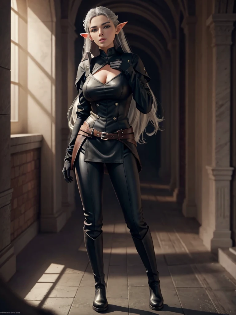 full body portrait of beautiful 1girl, (pretty face:1.5),(supermodel),(queen:0.3),solo, elf ((milf)), (very long) silver hair, tied in a knot, uniform, (black knee-high simple riding leather boots), (leggings), Anime style photo, Manga style, Digital art, glow effects, Hand drawn, render, 8k, octane render, cinema 4d, blender, dark, atmospheric 4k ultra detailed, cinematic sensual, Sharp focus, hyperrealistic, big depth of field, Masterpiece, colors, 3d octane render, 4k, concept art, trending on artstation, hyperrealistic, Vivid colors, huge breasts, palace corridor,( black gloves:1.1), double-breasted, (looking at viewer), (seductive:0.6),(smile:0.3)(evil:0.3),