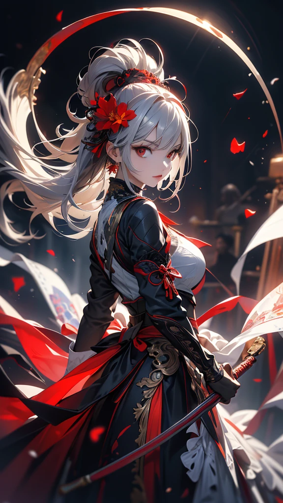 masterpiece, high quality, 4K, Beautiful design, silhouette,Gray Hair, 非常に詳細な夜のStarry Sky,Flower Field, wonderful, Finer details, Very knowledgeable woman, Highly detailed solo, 1 female,Red eyes,Big Breasts,Red Gothic ta Fashion,Night view,Starry Sky,Red full moon,