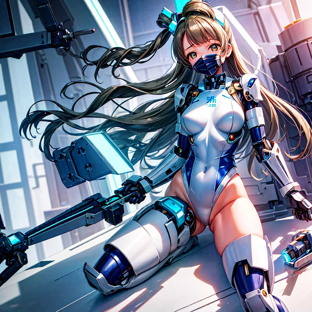 masterpiece, high quality, During the mechanized modification operation、Minami Kotori, who has been turned into a mechanical body cyborg、Surgery to convert to a gynoid cyborg body with exposed mechanical parts、Blue and white leotard armor、The whole body from the neck down is precision-machined.、Single image、Full-body shot from the front