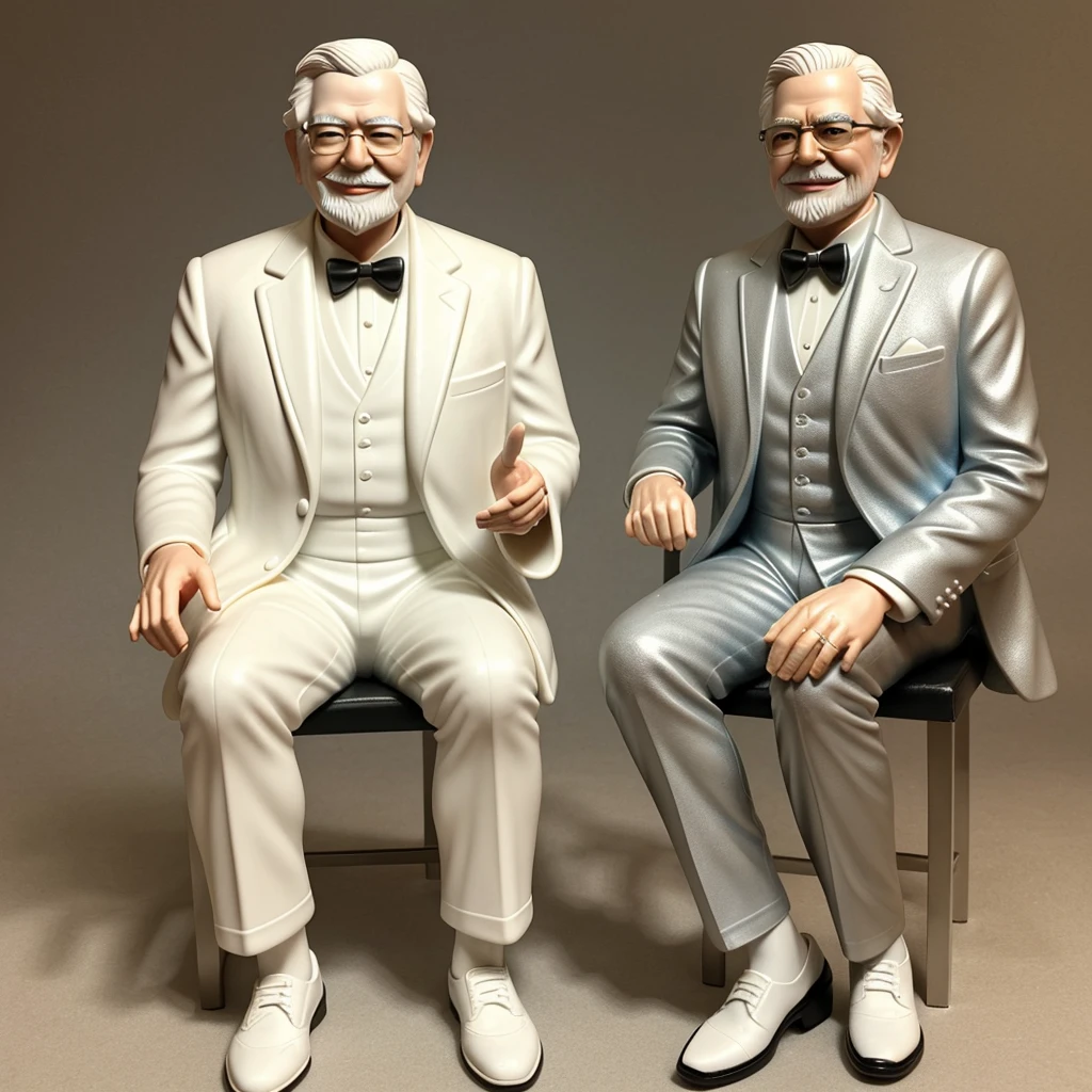 Create a detailed 3D statue of Colonel Harland David Sanders, the founder of KFC, depicted at approximately 35 years old.The model should depict Colonel Sanders with a smiling face,He should be in a traditional wai (hands in prayer) gesture. The statue should show him in his iconic white suit with a black bowtie, black shoes, and wearing black glasses. Despite his younger age, he should have white hair and a goatee. His expression should be cheerful with a broad smile. Materials and characteristics of the statue: Made of ceramic Realistic and highly detailed portrayal Skin tone resembling real-life coloration Mounted on a round white base Use Adobe Firefly to render the sculpture with realistic and detailed features.