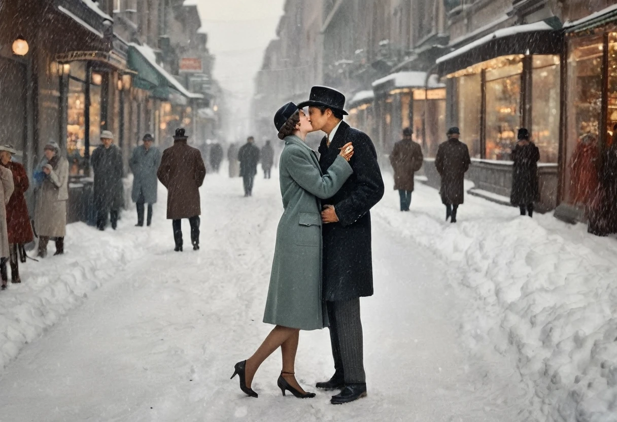 Vintage photography style, Art Deco，best quality,8K,high resolution,Very detailed，very clearly，Snowy Days，Commercial Street，（Many fashionable boys and girls are shopping），（Warm and lively atmosphere）， Delicate texture，Smooth visible velvet，Wear pearl jewelry，High-end decoration，The male and female protagonists kiss，People around cheered and applauded
