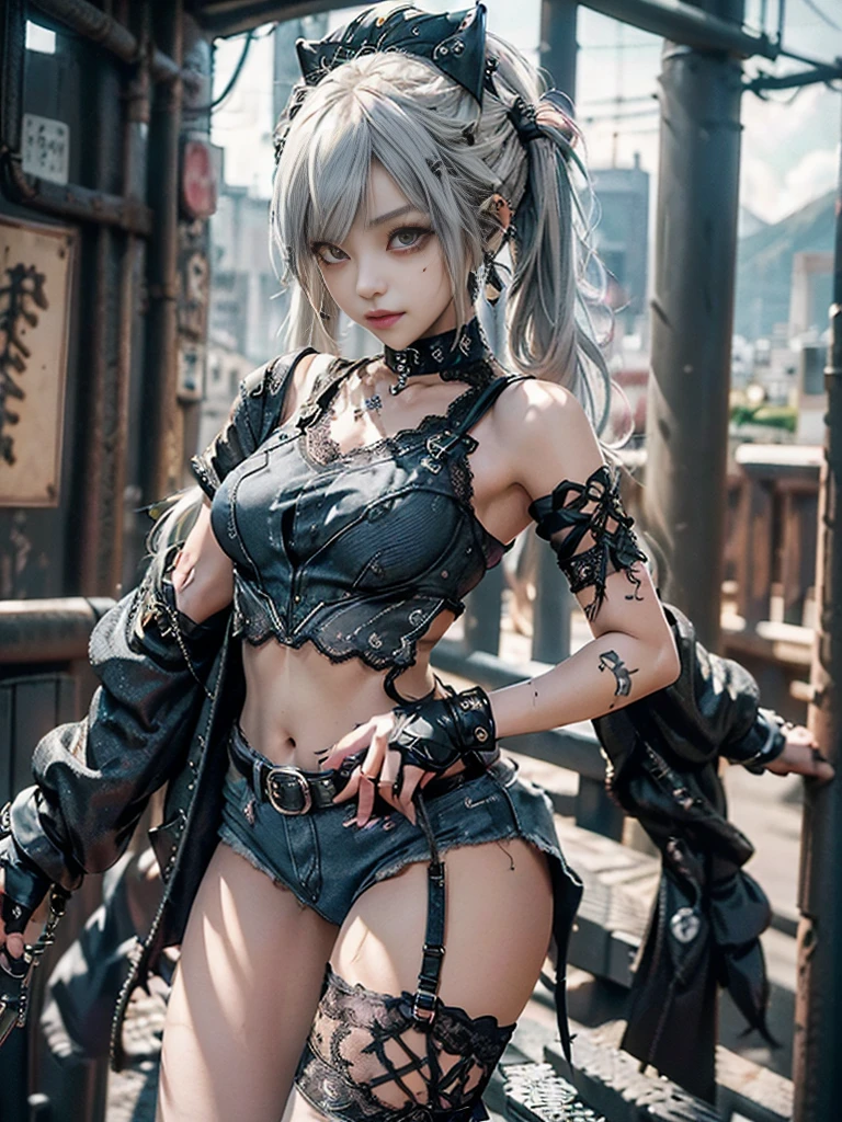 (Full Body View:1.2)、(Side view:1.1)、(Wearing a thong:1.4)、(Accentuate your butt:1.3)、(Smiling with teeth showing:1.3),(Shibuya Gal:1.5)、(Neo-goth style fashion:1.5)、(Punk RockVisual Kei:1.4)、(A high-leg bodysuit in a delicate design of denim, silver and black:1.5)、(Denim, black gloves and sailor shirt:1.5)、(Denim high heels:1.3)、(Wearing silver accessories:1.5)、(Denim collar:1.4)、(Black Leather Garter Belt:1.4)、(Brown Skin Belt:1.3)、(Black lace underwear:1.5)、20-year-old、NSFW、((Highest quality、In 8K、masterpiece:1.3))、Sharp focus:1.2、(Layered Cut、Huge boobs:1.1),Beautiful woman with perfect figure:1.4、(Dancing vigorously:1.3)、Slender Abs:1.2、Highly detailed face and skin texture、Detailed eyes、double eyelid,(Twin tails:1.3)、(Cream colored hair:1.3)、Gravure idol、(The Caribbean cityscape in the background:1.3)、(Slim Body:1.3),(Make your legs thinner:1.4),(clavicle:1.1)