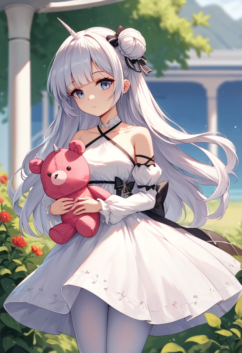 score_9,score_8_up,score_7_up,source_anime,cowboy shot,Idealized Forms,Natural Light,details background,blurry background,extremely detailed,unicorn_(azur_lane),single_side_bun,single_hair_bun, white_dress,white_pantyhose,halter_dress,dress_bow, black_bow,criss-cross_halter,detached_sleeves,side cutout,holding stuffed toy,stuffed winged unicorn