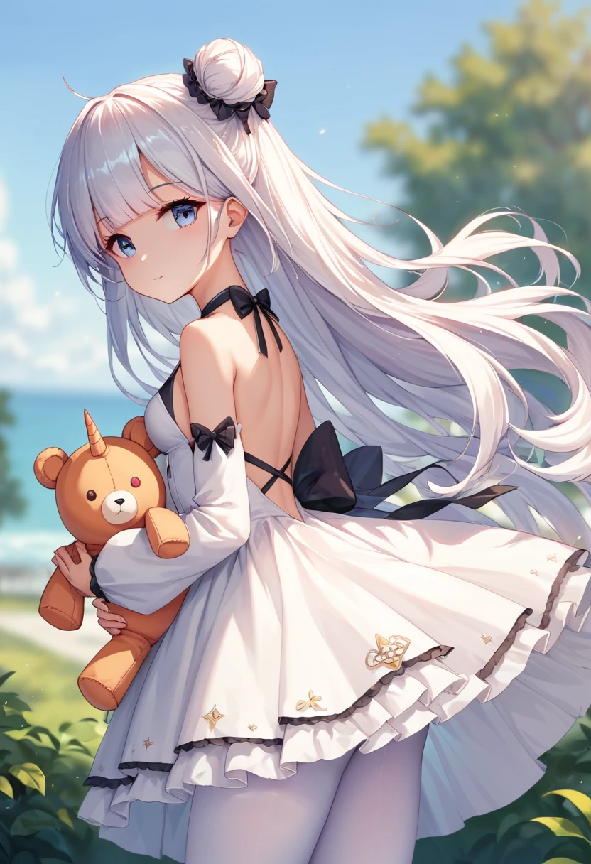 score_9,score_8_up,score_7_up,source_anime,cowboy shot,Idealized Forms,Natural Light,details background,blurry background,extremely detailed,unicorn_(azur_lane),single_side_bun,single_hair_bun, white_dress,white_pantyhose,halter_dress,dress_bow, black_bow,criss-cross_halter,detached_sleeves,side cutout,holding stuffed toy,stuffed winged unicorn