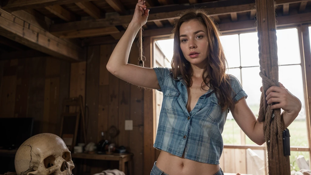 a photo of a seductive woman with straight redhead hair, she is hanging by her hands in an old barn, dangling off the rope. The barn has skulls and bones as decorations, rusty tools and a chainsaw can be seen. she is wearing Button-up pink flannel shirt, and denim shorts