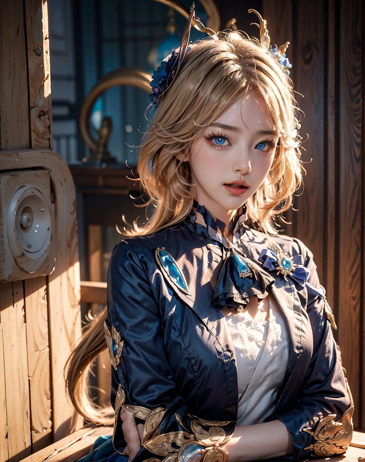 table top, The ultimate masterpiece, best quality, depth of field, (realistic raw photography), (realistic:1.4)、8k RAW photos, (perfect face, detailed face, detailed eyes,perfect hands), (big bust), pretty face, realistic 조명, Blue eyes, (looking at viewer, laugh with open mouth:1.1), ((1 girl)), (Mature Woman:1.4), cowboy shot, thighs thighs thighs thighs,ass pov, Purina, long hair, ((gradient hair)), beautiful blue eyes, Mascara, (fashion makeup), shiny pink lips, shirt, Gloves, long sleeves, have, jewel류,jacket, 흰 shirt, flower, White miniskirt, 검은 Gloves,Escort, thigh straps, 파란색 jacket, brooch, jewel, blue hat, blue flower, White miniskirt, have flower, blue rose, Inclined have, 푸른 jewel, Blue Ascot, detailed, realistic and realistic , japan, Albon traditional house, house garden , 벚flower나무, 벚flower flower잎, sunset, dark blue sky, (complex background, Many elements in the background:1.2), stand naturally, whole body,
