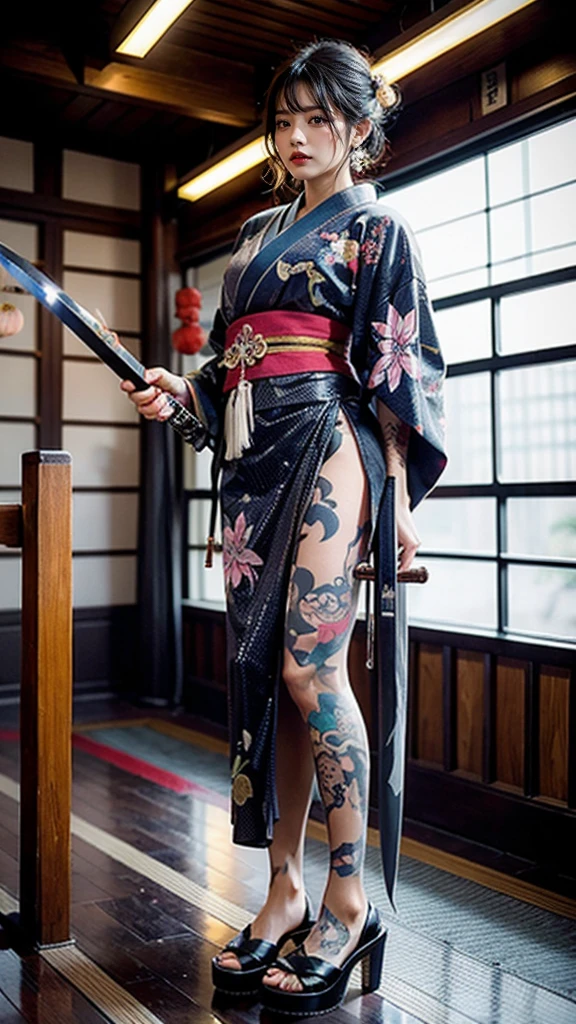 Beautiful Chinese woman, (16 years old), cute face, red lips, white moisturized skin, moles, ((eye bags)),
BREAK,
Feminine body with high athletic ability, Body of a female fitness model, Feminine body with hard tones, (Muscles: 1.2), (Beautiful belly button),
BREAK,
Fighter, Kung Fu fighter, Idol,
BREAK,
(Wearing a cute kimono: 1.3), (Kimono with a high degree of exposure), (Stiletto heels, long boots 1.3), necklace, very large earrings, short length,
BREAK,
Short hair, (Short bob hair), (Bangs: 1.2), (Pink hair: 1.3), (Wavy hair),
BREAK,
(Very large Japanese sword: 1.4), (Holding the handle of a Japanese sword: 1.3), (Fighting: 1.2), (Getting into a fighting stance), (Beautiful blade of a Japanese sword: 1.2)
BREAK,
(Japanese tattoo: 1.4),
BREAK,
Masterpiece, Perfect lighting, Ultra high resolution, 8K, (Very detailed: 1.4), (From the front), Looking at the camera, Melancholic expression,
BREAK,
(Tokyo city, lots of people in the background: 1.2), City background in Shibuya, Tokyo, Japan,