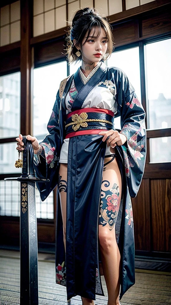 Beautiful Thai-Melanesian woman, (16 years old), pretty face, red lips,
BREAK,
Athletic feminine body, Female fitness model body, Hard toned feminine body, (muscles: 1.2), (beautiful navel),
BREAK,
Mixed martial arts, Kung fu fighter, Japanese idol,
BREAK,
(wearing cute kimono: 1.3), Red high heels, necklace, earrings, short length,
BREAK,
Short hair, (Bob hair), (Bangs: 1.2), (Rainbow hair), (Wavy hair),
BREAK,
(Holding a very large sword in hand, Holding a sword handle in hand, Standing with a very large sword, Raising a very large sword: 1.4), (Samurai in a fighting stance),
BREAK,
(Large tattoos all over body, Japanese tattoos on 80% of the body: 1.4),
BREAK,
Masterpiece, Perfect lighting, Ultra high resolution, 8K, (Highly detailed: 1.4), From the front, looking at the camera, melancholy expression,
BREAK,
(Tokyo city, many people in the background), Tokyo city background,